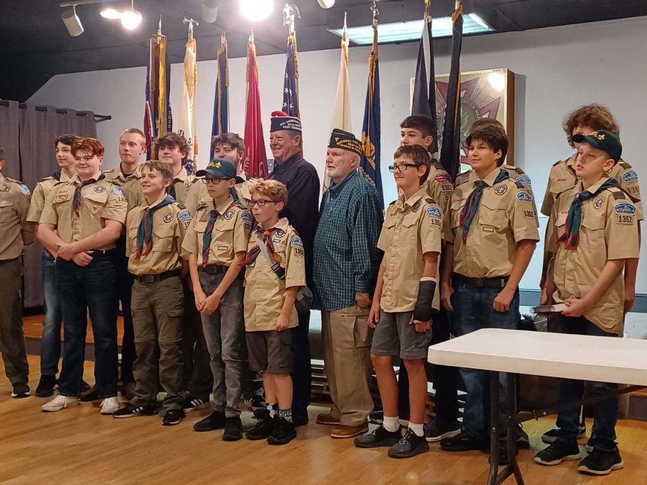 Caleb Eklund built and Troop 1352 presented a nine-flag stand was presented to VFW Post 7916 